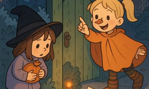 Two girls: Mia, 6, straight brown hair, wearing a slightly-too-big black witch hat slipping over her eyes and a light purple coat, clutching an orange candy bag to her chest and leaning left to look at the light; Nora, 6, blonde pigtails, wearing a pumpkin-orange cloak that billows like a curtain and striped boots, standing right, smiling with a fallen leaf on her nose as she points toward the glow. A cozy neighborhood sidewalk at night with soft streetlamps, lit porches, a worn green garden gate in the background, lightly frosted bushes, scattered orange leaves and cinnamon-scented flowerpots under a starry deep-blue sky. A small blinking orange light behind the old gate like a mini pumpkin lantern casts warm shadows on the girls' faces; a paper note drifts to the ground at their feet reading, "Find the Pumpkin-Light before the last leaf falls."
