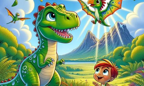 A young Tyrannosaurus Rex named Tilly, with shiny green scales and sparkling curious eyes, stands proudly at the center of the image, sporting a big smile and a brave posture. Beside her, a small Pterodactyl named Pippa, with colorful wings and a joyful face, flies around her juggling leaves, adding a dynamic touch to the scene. In the background, a vast field of lush ferns and tall mountains is set against a bright blue sky, where the sun shines and illuminates the landscape. The main situation shows Tilly encouraging her friends to overcome their fears as they head together towards a mysterious forest filled with light and dancing shadows, ready for a new adventure.