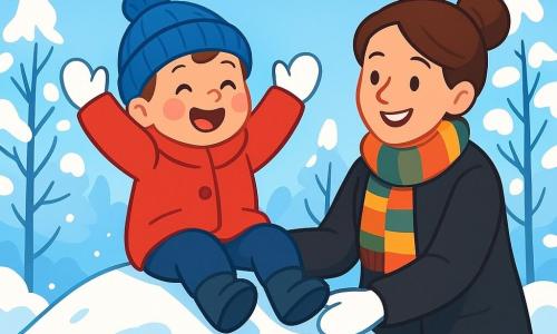 A 4-year-old boy with rosy cheeks and sparkling eyes is sitting on top of a small snowy hill. He is wearing a big red coat, a blue wool hat, and white gloves. He is laughing, arms raised, ready to slide down the snow. Next to him is his mother, a woman around 30 years old with brown hair in a bun, smiling warmly. She is wearing a black coat and a colorful scarf, holding her son's hand. The landscape is a winter garden covered in a thick layer of shimmering snow under a clear blue sky, with trees laden with snow. The scene conveys a joyful and peaceful atmosphere, illustrating the moment the little boy is about to slide on the snow, filled with excitement and happiness.