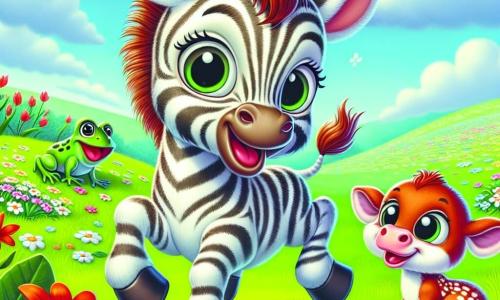 Młody zebra z dużymi uszami i miękką sierścią, z oczami błyszczącymi ciekawością, radośnie skacze po kwiecistej łące, jego twarz promienieje szczęściem. Obok niego skacze radosna, ruda cielęcina w białe plamki, pełna energii, tańcząc w kółko, podczas gdy mała zielona żaba, siedząc na liściu, obserwuje ich z figlarnym uśmiechem, gotowa do przyłączenia się. Scena rozgrywa się na zielonej łące, usianej kolorowymi kwiatami, pod jasnoniebieskim niebem z kilkoma puszystymi chmurami. Postacie świętują nadejście wiosny, bawiąc się razem, otoczone pięknem budzącej się natury.