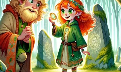 No centro da imagem está Fianna, uma jovem de cerca de 12 anos, com cabelos flamejantes e olhos verdes cheios de curiosidade. Ela usa um vestido de linho verde, decorado com padrões florais, e segura um amuleto cintilante na mão, com uma expressão de espanto e determinação. À sua direita está Lugh, um deus de traços alegres, com cabelos dourados e uma barba leve, vestido com uma túnica colorida e um cinto de couro. Ele sorri de forma travessa, de braços cruzados, pronto para guiar Fianna em sua busca. O cenário é um antigo círculo de pedras, cercado por uma floresta exuberante, onde raios de sol filtram através das folhas, criando uma atmosfera mágica. As pedras estão cobertas de musgo e brilham com uma luz suave, enquanto uma leve névoa flutua no chão, acrescentando um toque de mistério. A situação principal mostra Fianna, pronta para ouvir os conselhos de Lugh, enquanto se prepara para embarcar em uma aventura épica para restaurar o equilíbrio entre os deuses e o mundo.