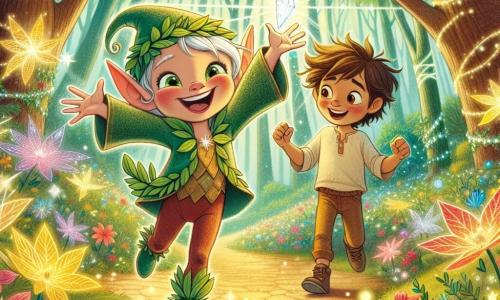 Un spiriduș vesel pe nume Lupuț, cu urechi ascuțite și un zâmbet mare, poartă o vestă verde strălucitoare și o pălărie în formă de frunză. El dansează pe un drum de flori luminoase, cu brațele ridicate, exprimând o bucurie contagioasă. Lângă el se află Andrei, un băiat de zece ani cu părul castaniu și ochii strălucind de curiozitate, care îl privește pe Lupuț cu uimire, ținând un cristal strălucitor în mâini. Decorul este o pădure fermecată, cu copaci înalți și măreți, iar frunzele lor strălucesc sub lumina soarelui. Flori colorate și creaturi fantastice, cum ar fi păsările cu pene aurii, adaugă la magia mediului. Situația principală arată cum Lupuț și Andrei sărbătoresc victoria lor după ce au găsit cristalul magic, înconjurați de o aură luminoasă care simbolizează magia momentului.
