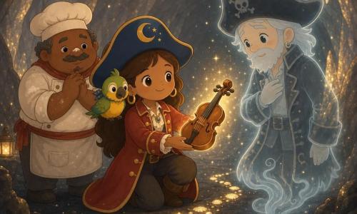 The main scene shows Captain Mara Moon, a radiant young female pirate kneeling in a dark but warm cave and offering a small varnished wooden violin that glows with golden light and sparkling particles to Captain Greyheart, a slim, translucent elderly ghost pirate standing a few steps away; Pip, a plump green-and-yellow parrot perches on her right shoulder watching curiously, Old Tom, a relieved middle-aged cook with flour on his nose stands slightly left, and the setting — gray stone walls with golden highlights, glittering stalactites, black sand and shiny shells forming a luminous path — conveys a tender, decisive, magical and comforting moment meant to lift the ghost’s sorrow, warm colors contrasting with the cave’s darkness.