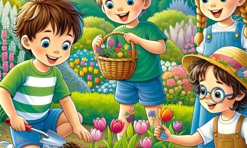 In een bloeiende tuin zijn vier kinderen vrolijk bezig. Sam, een 8-jarig jongetje met rommelig bruin haar, draagt een groene t-shirt en een blauwe short. Hij zit op de grond en plant zaden, met een grote glimlach op zijn gezicht. Naast hem staat Lisa, een 7-jarig meisje met gevlochten blond haar, met een mand vol kleurrijke zaden, haar ogen sprankelend van opwinding. Tom, een 9-jarig jongetje met een bril en kastanjebruin haar, gebruikt een kleine schep om de aarde om te woelen, geconcentreerd op zijn taak. Tot slot, Emma, een 8-jarig meisje met krullend haar en een strohoed, watergeeft voorzichtig de al geplante bloemen met een roze gieter, terwijl ze het werk van haar vrienden bewondert. De tuin is verlicht door de zon, met bloemen in levendige kleuren: rode tulpen, gele narcissen en paarse viooltjes. Vlinders dansen rond de bloemen en bijen zoemen vrolijk, wat bijdraagt aan de lentearoma. De kinderen werken samen om een prachtige bloementuin te creëren en leren tegelijkertijd het belang van bijen voor de natuur.