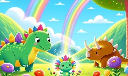 Ein kleiner Stegosaurus namens Stella, mit glänzenden, bunten Stacheln, die in der Sonne funkeln, steht im Mittelpunkt des Bildes, mit weit aufgerissenen Augen voller Freude und Staunen. Sie erkundet ein Feld mit lebhaften Blumen, ihre zarten Beine treten auf den grünen Boden. Neben ihr springt ein kleiner Triceratops namens Timo, mit grüner Haut und adorablen Hörnern, vor Freude, seine Augen funkeln vor Aufregung. Ein großer Brachiosaurus namens Bruno, mit langem Hals und brauner Haut, beugt sich zurück, um die Blumen zu bewundern, ein sanftes Lächeln auf seinem Gesicht. Der Ort ist ein wunderschönes Feld voller Blumen in allen Farben, von Rosen bis Veilchen, unter einem strahlend blauen Himmel mit sanft schwebenden, weißen, flauschigen Wolken. In der Ferne ergänzen grüne Berge die Schönheit der Landschaft. Die Hauptsituation zeigt Stella und ihre Freunde, die einen kleinen, glitzernden und rutschigen Ort mitten in den Blumen entdecken, während ein magischer Lichtstrahl sie umgibt und ihre neue Fähigkeit offenbart, zu sprechen und ihre Freundschaft zu teilen.