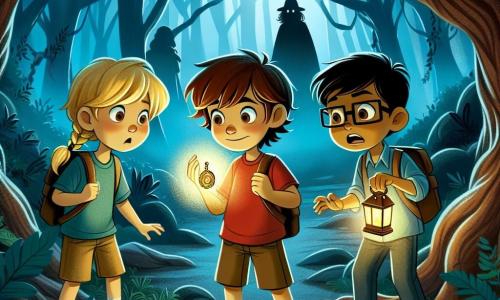 Tres amigos están en un bosque misterioso: Tomás, un niño de 10 años con cabello castaño desordenado y una camiseta roja, mira con valentía un amuleto brillante en su mano. A su derecha, Clara, una niña de 9 años con trenzas rubias, sostiene una pequeña linterna que ilumina su rostro curioso y decidido. A la izquierda, Miguel, un niño de 10 años con gafas y cabello castaño, parece un poco preocupado, con los ojos muy abiertos, mientras se acerca a sus amigos. La escena tiene lugar en un bosque oscuro y brumoso, donde los árboles retorcidos parecen susurrar secretos. Sombras bailan entre los troncos y una ligera niebla se eleva del suelo, creando una atmósfera mágica y inquietante. Los amigos acaban de descubrir un amuleto misterioso que brilla intensamente, atrayendo la atención de una silueta oscura que emerge entre los árboles. Están listos para enfrentar lo desconocido, con una mezcla de emoción y miedo en el aire.