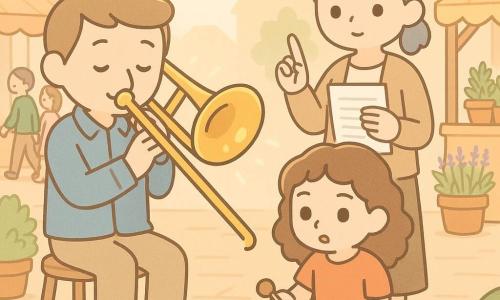 Hombre adulto, Bruno, sonriente y sereno, toca suavemente un trombón dorado que refleja un halo de sol; al lado, Sofía, adolescente de 14 años con rulos castaños, sentada y concentrada, percute un pequeño xilófono de madera clara; la profesora Alba, unos 40 años, cabello gris azulado recogido y mirada benevolente, está detrás con partituras indicando suavizar el volumen; fondo: feria de artesanía en un patio luminoso con puestos de madera, carteles coloridos, macetas aromáticas, guirnaldas y familias paseando sobre pavimento cálido con farolillos colgantes; situación: pequeña actuación amistosa que reúne a la gente en una atmósfera cálida y tranquila con luz dorada de tarde.