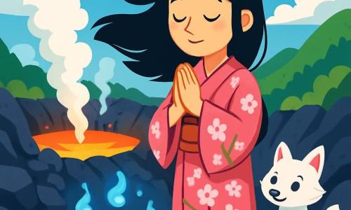 Una mujer llamada Hana, de unos treinta años, se encuentra al borde de un cráter volcánico. Su largo cabello negro ondea al viento y sus ojos brillan de asombro y serenidad. Lleva un kimono tradicional con motivos de cerezos en flor, que combina perfectamente con el paisaje. Hana está orando, con las manos juntas frente a ella, y una sonrisa dulce y apacible. Cerca, un pequeño zorro blanco, con ojos traviesos y pelaje sedoso, observa a Hana con curiosidad. Está sentado sobre una piedra caliente, listo para hablarle. El lugar es un majestuoso cráter volcánico, rodeado de rocas negras y vegetación exuberante. Columnas de vapor se elevan en el aire, creando una atmósfera mística. El cielo es de un azul brillante, salpicado de nubes blancas y esponjosas. La escena principal muestra a Hana ofreciendo ofrendas en el santuario, con un pequeño cofre de madera a sus pies, lleno de arroz y sal. Las luces azules de los espíritus bailan a su alrededor, añadiendo un toque mágico a esta escena pacífica y llena de gratitud.