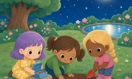 Tres niñas de 3 años plantan juntas semillas multicolores bajo la luna en un jardín nocturno: a la izquierda, una niña de cabello corto violeta con vestido amarillo y lunares blancos, de rodillas sosteniendo una cajita azul abierta con semillas; en el centro, una niña de cabello castaño en coletas con suéter verde, inclinada poniendo una semilla en la tierra con una leve sonrisa; a la derecha, una niña de cabello rubio trenzado con camiseta rosa, sosteniendo una mini pala roja y lista para regar; césped verde, flores rosas y blancas, un gran árbol a la espalda izquierda y un estanque circular que refleja la luna a la derecha, atmósfera tierna y colaborativa con luz suave y tonos pastel.