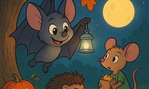Eine kleine Fledermaus namens Flitzi, mit leuchtenden Augen und einem mutigen Lächeln, hält eine kleine silberne Glocke, die ein sanftes Leuchten ausstrahlt. Flitzi hängt an einem Ast einer großen Eiche, umgeben von bunten Herbstblättern. Neben ihr hält eine Maus namens Matilda, mit einem neugierigen Blick, eine kleine Papiertüte voller kleiner Papiersterne. Ein Igel namens Bruno, mit entschlossenem Ausdruck, steht auf dem Boden und schaut zu Flitzi hinauf. Eine kleine Lichtung, die im sanften Mondlicht gebadet ist, mit lächelnden geschnitzten Kürbissen, die verstreut herumliegen, dient als Kulisse. Die Szene zeigt den Moment, in dem Flitzi und ihre Freunde "Mutsterne"-Tütchen für die Kinder des Dorfes vorbereiten und eine warme und magische Halloween-Atmosphäre schaffen.