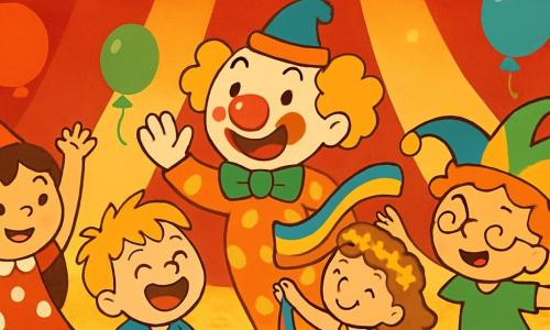 There are 4 children: Mia, a 6-year-old girl with long brown hair and sparkling eyes, wearing a red polka dot dress and smiling with her arms raised; Ben, a 5-year-old boy with messy blond hair and a blue t-shirt, sitting on the ground laughing after falling; Lila, a 6-year-old girl with curly hair and a small flower crown, dancing backward while holding a colorful scarf; and Tom, a 5-year-old boy with round glasses and a green t-shirt, spinning around with a big smile. The scene takes place in a large circus tent with red and white stripes, illuminated by sparkling lights, with colorful balloons floating in the air and the ground covered in straw and multicolored confetti. The main situation shows the children parading with funny hats, laughing and having fun, accompanied by a clown with a red nose and yellow hair, creating a joyful and magical atmosphere in the festive circus.