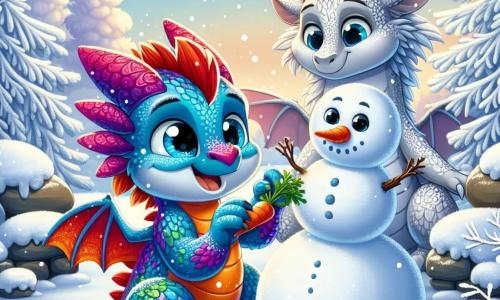 Ein kleiner Drache namens Knirps mit leuchtenden, bunten Schuppen baut einen Schneemann in einem verschneiten Garten. Er hat große, staunende Augen und ein fröhliches Lächeln, während seine kleinen, krallenartigen Pfoten vor Freude leuchten, während er den Schnee formt. Neben ihm beobachtet seine Mutter, eine sanfte Drachenmutter mit silbernen Schuppen, lächelnd und hält eine Karotte für die Nase des Schneemanns. Sie wirkt stolz und liebevoll, steht leicht im Hintergrund und ist bereit zu helfen. Der Garten ist mit einer dicken Schicht glitzernden Schnees bedeckt, die Bäume sind mit Frost beladen, und sanfte Schneeflocken fallen vom hellblauen Himmel. Knirps und seine Mutter teilen einen Moment der Freude und Kreativität, während sie den Schnee in einen niedlichen Schneemann verwandeln, während die Wintersonne sanft über ihnen scheint und eine magische, warme Atmosphäre schafft.