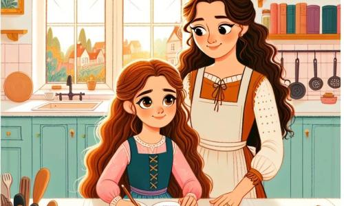 Una ragazza di 11 anni, Sofia, si trova al centro dell'immagine, con lunghi capelli castani e occhi pieni di curiosità. Ha un'espressione determinata sul viso, mentre tiene un quaderno aperto tra le mani, pronta a condividere la sua storia. Accanto a lei, sua madre, una donna sui trenta anni con capelli castani e ricci, sorride con benevolenza, ascoltando attentamente la figlia. Indossa un grembiule da cucina, poiché ha appena preparato la cena, ed è vicino al tavolo, circondata da utensili da cucina colorati. L'ambientazione è una cucina calda e accogliente, con pareti dipinte di giallo pastello, scaffali pieni di libri e barattoli di spezie, e una finestra che lascia entrare la luce dorata del sole al tramonto. La scena principale mostra Sofia che, con coraggio, condivide la sua esperienza sull'importanza della verità, mentre sua madre la incoraggia con uno sguardo fiero e affettuoso.