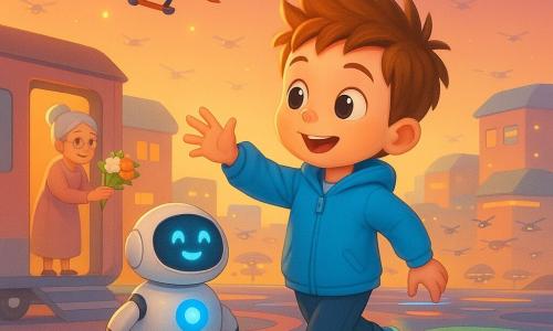 Un bambino di 6 anni, Leo, allegro e concentrato, capelli castano chiaro a ciuffi, grandi occhi curiosi, giacca blu brillante e scarpe con LED, tende la mano verso un piccolo drone arancione; Nino, robot-compagno tondo su ruote con scocca bianca, luce blu lampeggiante sul petto e volto sorridente a LED, lo segue a pochi passi a destra; il drone, della dimensione di un gatto con ali sottili e luci LED, volteggia sollevato sopra Leo tenendo un mazzo di fiori che sta consegnando a Nonna Rosa, donna di circa 70 anni con capelli grigi raccolti in chignon e vestito rosa pallido alla porta di una casa modulare sullo sfondo a sinistra; ambientazione porto di droni futuristico con piattaforme circolari, rampe trasparenti, case modulari pastello in movimento e decine di mini droni sotto un cielo crepuscolare aranciato; scena calda e luminosa al tramonto, colori vivaci e texture morbide, incentrata sulla connessione tra bambino, robot e drone.
