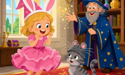 Księżniczka Zuzia, około 5 lat, uśmiechnięta, krótkie blond włosy, różowa falbaniasta sukienka, ma na głowie magiczny kapelusz z wielkimi biało-różowymi uszami króliczymi i skacze na palcach ze śmiechu; obok niej po prawej Filemon, pręgowany szary kot z zielonymi oczami, patrzy na kapelusz i nosi mały kapelusik z cienkimi wąsikami myszy, o figlarnej minie; w tle starszy mag, około 40 lat, z krótką siwą brodą i niebiesą gwiaździstą peleryną, stoi przy półce, uśmiecha się i wyciąga rękę jak po rzuceniu zaklęcia; miejsce: jasna kolorowa sala zamkowa z jasnymi kamiennymi ścianami, czerwonym dywanem ze złotym wzorem, drewnianymi półkami z książkami i słoiczkami oraz wysokimi oknami przez które pada żółty promień słońca — scena komiczna i radosna, gdy magiczny kapelusz przemienia i rozśmiesza wszystkich.