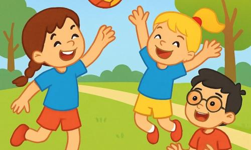 There are 3 characters: - Mia: a 7-year-old girl with brown braided hair, wearing a bright blue t-shirt and pink shorts. She is throwing a handball with a big smile. - Zoe: a 6-year-old girl with blonde ponytail, dressed in a blue t-shirt and yellow shorts. She is jumping for joy with her arms raised, ready to catch the ball. - Sam: an 8-year-old boy with black hair and glasses, wearing a red t-shirt and blue shorts. He is kneeling, smiling, and encouraging his friends. The scene takes place in a sunny park with green grass, vibrant trees, and a clear blue sky dotted with a few white clouds. In the distance, colorful flowers and a gravel path can be seen. The main situation shows Mia and Zoe playing handball, with Sam cheering them on. Mia throws the ball high in the air while Zoe leaps to catch it, all three laughing and having fun in a joyful and friendly atmosphere.