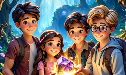 Em uma floresta encantada, quatro amigos estão juntos: Lila, uma menina de nove anos com longos cabelos castanhos e olhos brilhantes, sorri segurando uma pedra mágica brilhante. À sua direita, Hugo, um menino de nove anos com cabelos loiros bagunçados e um olhar audacioso, aponta para uma caverna misteriosa ao longe. À esquerda, Tomás, um menino de cabelos castanhos e óculos redondos, observa com curiosidade uma árvore imensa com folhas cintilantes. Por fim, Ana, uma menina de cabelos negros e trançados, observa atentamente uma criatura mágica que voa ao redor deles. O lugar é uma floresta vibrante, cheia de cores brilhantes: árvores de troncos grossos e tortuosos, flores multicoloridas que brilham como estrelas e borboletas gigantes com asas iridescentes que dançam no ar. Ao fundo, uma majestosa montanha se ergue, com uma caverna escura que parece abrigar um segredo. A cena principal mostra os quatro amigos, reunidos e prontos para entrar na caverna do dragão Zarkon, com a pedra mágica iluminando seu caminho, simbolizando sua coragem e amizade diante do desconhecido.