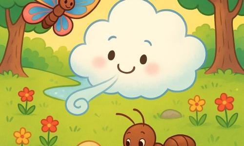 A small fluffy white cloud with soft rounded edges and a gentle glow smiles warmly, cheeks rosy, and blows a delicate breeze downward to roll a large beige crumb for a tiny shiny brown ant with curious eyes standing slightly right beneath it, while a colorful butterfly with large blue-pink wings and golden veins hovers above left, watching happily; the scene is a bright forest clearing with green grass dotted with yellow and red flowers, simple-leaved trees, a sparkling silver stream and smooth stones, pastel colors, comforting and gently animated, centered and child-friendly.