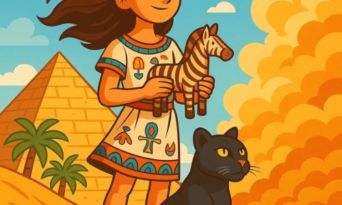 Rhea, een zestienjarig meisje, staat trots aan de rand van een grote gouden duin, haar bruine haar waait in de wind en een vastberaden blik verlicht haar gezicht. Ze draagt een lichte tuniek versierd met Egyptische patronen en houdt een houten zebra in haar handen, symbool voor haar moed. Aan haar voeten zit Bast, haar trouwe pantermaatje, met zijn glanzende zwarte vacht onder de zon en zijn gele ogen die beschermend in de verte kijken. Op de achtergrond staat de majestueuze piramide, met zijn oude stenen die schitteren onder de zon, omringd door groene palmbomen en een stralende blauwe lucht met donzige witte wolken. De scène toont Rhea die zich voorbereidt om de mysterieuze zandstorm tegemoet te treden die zich voor haar opbouwt, wat haar reis naar zelfontdekking en de uitdaging die haar te wachten staat symboliseert.