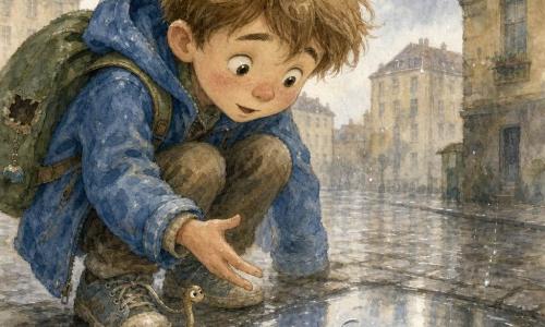 An 8-year-old boy, Milo, crouches with a delighted, slightly embarrassed expression—messy brown hair, oversized blue jacket and broken green backpack—reaching toward a shiny anthropomorphized puddle called "Puddle" that smiles, shivers and shows silvery mirror-like reflections and small ripples; a rebellious left shoelace, animated like a little worm, dangles from his foot and watches the puddle; wet gray cobbled sidewalk with fine splashes, beige apartment buildings and a pearl-gray sky with a few raindrops; close composition, soft colors, bright contrast on the puddle’s mirrored surface, whimsical and warm mood.