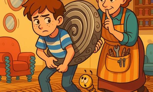 A 12-year-old boy with tousled brown hair, freckles and a focused, slightly anxious expression, wearing a blue-and-white striped T-shirt, worn jeans and red sneakers, and Ms. Sprocket, a woman of about 40 with a gentle smile, reassuring eyes, safety glasses on her forehead and a striped apron full of odd tools, strain to carry a heavy engraved metal coil while whispering, as a small golden spring called Little Coil—timid and slightly bent—jumps by the boy’s shoes for encouragement, in a bright whimsical living room with woven spring flooring, colorful spring chairs, trembling round mirrors, shelves of spools and a chandelier of tiny springs; they walk slowly, bent and serious but caring, stabilizing the bouncing room in a warm, absurd scene of vivid colors, shiny metallic textures and soft reflections.