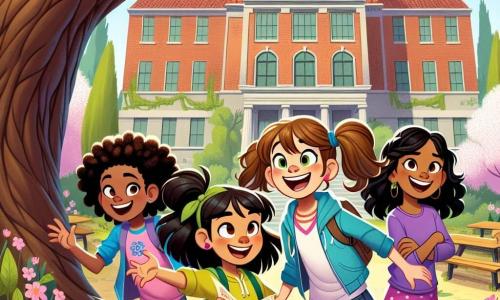In an old schoolyard, four ten-year-old girls stand under a large oak tree, surrounded by blooming cherry blossoms. **Lisa** has brown hair in pigtails, wearing a blue t-shirt and pink shorts, holding a treasure map with an excited smile. **Maya** has curly black hair and wears a yellow polka dot dress, jumping for joy with her arms raised, ready for adventure. **Emma** has blonde hair with bangs, dressed in a green hoodie, curiously examining the map as if deciphering a mystery. **Zuri** has braided hair and wears a purple t-shirt with jeans, crossing her arms with a determined expression, ready to tackle the puzzle ahead. The setting features old brick buildings, a bright blue sky, and majestic trees, with the welcoming oak tree at the center, its branches spreading like open arms. The scene depicts the four friends discovering a mysterious treasure map, surrounded by an aura of adventure, eager to embark on an exciting quest to solve the mystery that awaits them.