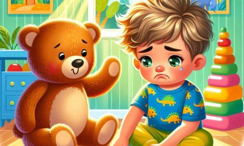 A 2-year-old boy with messy blonde hair and sparkling eyes is sitting on the floor, looking sad with a small pout on his face. He is wearing a blue t-shirt with dinosaurs and yellow pants. Next to him is his teddy bear, Teddy, a brown bear with a warm smile that seems comforting. The scene takes place in a bright room filled with colorful toys, with pastel green walls and sunlight filtering through a window. Building blocks are scattered around them. The little boy looks at the blocks with a sad expression, while Teddy, with a raised paw, encourages him to play and smile. The main moment shows the boy starting to feel better, ready to build a big block castle, with bright and cheerful colors illuminating the image.