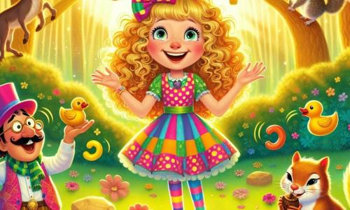 Lulu, an 11-year-old girl with curly golden hair, wears a colorful polka-dot dress and mismatched socks. She has a big smile on her face, her eyes sparkling with excitement as she stands in the middle of an enchanted clearing surrounded by animals. Wendel Wobble, a funny and wobbly man, is also there. He wears a pink top hat and multicolored socks, juggling rubber ducks while laughing exuberantly. Nutty, a small squirrel with bright eyes and a bushy tail, is perched on a branch, holding an acorn and curiously watching Lulu. The clearing is bathed in golden light, with colorful flowers dancing in the breeze and majestic trees creating a magical setting. In this scene, Lulu is about to participate in a riddle contest with the animals, her heart racing with excitement, while Wendel and Nutty cheer her on with laughter and applause.