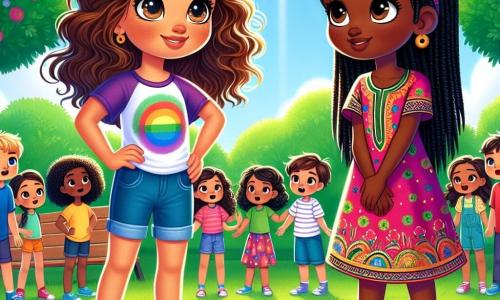 Em um parque ensolarado, vemos **Sofia**, uma menina de 10 anos com cabelos castanhos ondulados e olhos brilhantes, vestindo uma camiseta colorida e um short. Ela está à esquerda, com os braços cruzados e uma expressão determinada. Ao lado dela, **Amina**, uma menina de 10 anos com longos cabelos negros trançados e pele morena, usa um vestido tradicional colorido. Ela está à direita de Sofia, olhando para as outras crianças com um sorriso tímido, mas orgulhoso. Atrás delas, um grupo de crianças de diferentes origens étnicas, algumas com pele clara e outras com pele escura, formam um círculo, visivelmente surpresas e curiosas, com expressões que vão da incompreensão ao interesse. O local é um parque vibrante, com árvores verdes luxuriantes, flores coloridas e um céu azul brilhante. Ao fundo, há um pequeno grupo de bancos onde outras crianças brincam e riem, criando uma atmosfera alegre e acolhedora. A situação principal mostra Sofia falando corajosamente, defendendo Amina de crianças que a zombam. Sofia levanta a mão para chamar a atenção, enquanto Amina observa com gratidão. A ilustração captura esse momento de solidariedade e bravura, simbolizando a amizade e a luta contra o racismo.