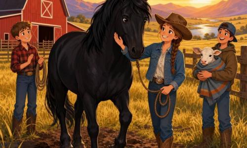 Die Hauptfigur ist ein Cowgirl, gelassen und entschlossen, lächelnd, braune geflochtene Haare, abgenutzter Cowboyhut, blaue Jeansjacke und staubige Lederstiefel, sie streichelt sanft einen großen schwarzen Mustang mit glänzenden Augen; links leicht im Hintergrund ein etwa 14-jähriger Junge mit kurzem Haar, Karohemd und Jeans, hält ein Seil und schaut bewundernd; rechts ein etwa 16-jähriger junger Mann, lachend, mit rückwärts getragenem Cap, hält ein kleines weißes Kalb eingewickelt in den Armen neben einer Holzbarriere; Schauplatz: goldene Wiese bei Sonnenaufgang mit wehenden hohen Gräsern, große rote Scheune links, schimmernder Fluss im Hintergrund und ferne Berge unter orangem Himmel; Szene: das Cowgirl hat nach einem Sturm das Vertrauen des Mustangs gewonnen und führt ihn behutsam aus einem schlammigen Gehege zum Rand eines kleinen Teichs, die Nebenfiguren klatschen und lächeln.