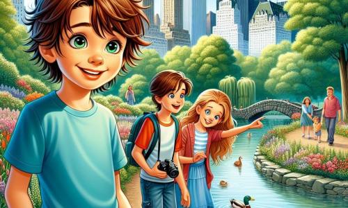 Un băiat de 12 ani, Andrei, cu părul castaniu și ochii strălucind de curiozitate, se află în mijlocul Central Park-ului din New York. Poartă un tricou albastru și o pereche de pantaloni scurți bej, iar fața lui exprimă o bucurie intensă în timp ce admiră copacii mari și florile colorate din jur. Lângă el, cea mai bună prietenă, Iulia, o fetiță de 11 ani cu părul lung și blond, zâmbește ținând un aparat foto, pregătită să surprindă acest moment magic. Un pic mai încolo, Radu, un băiat de 12 ani cu ochelari și părul brun, arată spre o fâșie de apă unde înoată rațe, cu ochii strălucind de entuziasm. Parcul este plin de verdeață luxuriantă, cu alei sinuoase bordate de flori strălucitoare și familii care se plimbă. În fundal, se văd celebrele zgârie-nori din New York, ridicându-se măreț împotriva unui cer albastru deschis. Principalul aspect arată cum Andrei și prietenii săi se distrează împreună, descoperind frumusețea naturii în inima orașului, plini de uimire și bucurie.