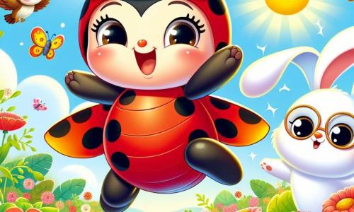 Mała biedronka o imieniu Coccinella, z czerwonymi skrzydłami ozdobionymi czarnymi plamkami, wyraża wielką radość skacząc w powietrzu, a jej oczy błyszczą szczęściem. Otoczona kolorowymi kwiatami i zielonymi liśćmi w słonecznym ogrodzie, obok niej wesoły królik o imieniu Bunny, z dużymi uszami i białym futrem, przygotowuje się do skoku z szerokim uśmiechem, podczas gdy mądra sowa o imieniu Hoot, z brązowym upierzeniem i okrągłymi oczami, unosi się nad nimi, obserwując scenę z rozbawieniem. Ogród jest pełen jaskrawych kwiatów, fruwających motyli i jasnoniebieskiego nieba, tworząc radosną i żywą atmosferę. Główna sytuacja pokazuje Coccinellę skaczącą radośnie, gotową do wzięcia udziału w zawodach skoków z przyjaciółmi, podczas gdy Bunny i Hoot entuzjastycznie ją wspierają.
