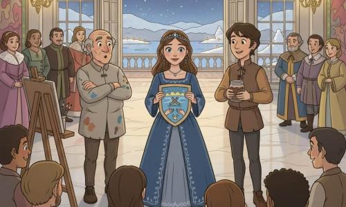 Princesa Elara (12 años) de pie en el centro, rostro sereno y ojos curiosos, vestido azul oscuro bordado en blanco y fino diadema de plata, sostiene un pequeño escudo de madera pintado con un lago helado, patines cruzados y dos manos extendidas; postura humilde pero segura. Nilo (unos 16 años) a la derecha, joven heraldo sonriente con chaqueta tierra, sostiene una jarra de chocolate caliente y mira a Elara para animarla. Maestro Galdor (≈55 años) a la izquierda, pintor de la corte con rostro arrugado y bata manchada, brazos cruzados y expresión admirativa junto a un caballete con pinceles. Al fondo nobles con ropas ricas y, en primer plano, gente del pueblo (panaderos, tejedores, patinadores) con rostros variados y manos juntas. Salón de baile del palacio con suelo de mármol brillante, grandes candelabros y tapices, puertas abiertas a una terraza nevada que da a un lago helado; momento del descubrimiento del nuevo blasón, luz suave y ambiente cálido de unión entre la princesa y su pueblo.