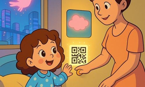 Una bambina di 4 anni, gioiosa e meravigliata, capelli castani ricci, guance rosa, occhi tondi e brillanti, con una maglietta a pois e un pigiama blu posa la sua piccola mano su un codice QR luminoso attaccato al muro vicino al letto; una donna adulta (madre, circa 30 anni), sorridente e dolce, capelli raccolti in uno chignon e vestito semplice color pesca, è in piedi vicino al letto e preme un piccolo pulsante giallo sotto uno schermo flessibile per ricaricare il dispositivo; sullo sfondo un uccello olografico rosa fluttua vicino alla finestra proiettando piccole scintille, la stanza è morbida e colorata con pareti pastello, cuscini arrotondati e una finestra ampia che mostra una città futuristica con grattacieli di vetro colorato e vie aeree; il codice QR è un piccolo quadrato bianco e nero circondato da un alone soffuso, lo schermo flessibile proietta una nuvola olografica rosa sopra il letto e la scena ritrae il momento magico in cui il codice si illumina e comincia a raccontare una storia, con luci calde, silhouette morbide ed espressioni rassicuranti.
