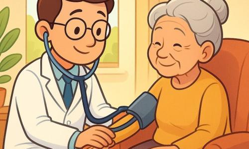 Medico: uomo sorridente e premuroso, occhiali sottili, capelli castani corti, camice bianco e stetoscopio al collo che posiziona delicatamente un bracciale per la pressione sul braccio; Paziente: nonna di circa 80 anni, capelli grigi raccolti in uno chignon morbido, tratti segnati dal tempo e occhi vivaci, seduta su una poltrona comoda che tiene la mano del medico sorridendo; Ambiente: stanza luminosa con una grande finestra, piante in vaso, un tavolino e pareti color crema con luce calda; Situazione: il medico la visita con dolcezza, il bracciale si gonfia e si sgonfia, lo stetoscopio vicino al cuore, atmosfera calma e rassicurante, gesti attenti e teneri.