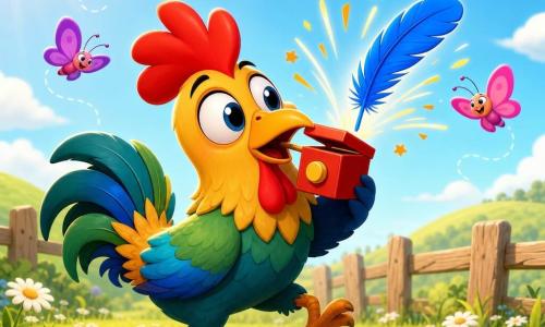 Un gallo meravigliato e sorpreso, occhi grandi e lucenti, cresta rosso vivo, piume lucenti blu-verde-gialle, corpo tondo e zampe sottili, inclina la testa tenendo nel becco una piccola scatola rossa con un grosso pulsante; una piuma blu salta fuori a scoppio con piccole scintille, alcuni piccoli farfalle colorate (rosa, arancione, viola) ridono e girano intorno alla testa, il prato è verde con margherite bianche, una staccionata di legno consunta sullo sfondo e un cielo azzurro con sole morbido e nuvole soffici; il momento esatto in cui la scatola fa 