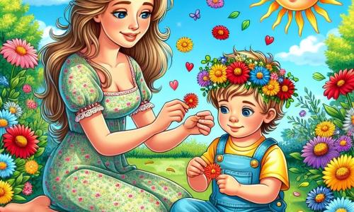 Un bambino di un anno, con capelli biondi e occhi vivaci, è seduto in un giardino soleggiato, sorridendo di gioia mentre tocca fiori colorati. Indossa una salopette blu e una maglietta gialla, e il suo viso esprime grande curiosità e meraviglia. Accanto a lui, la mamma, una donna di circa 30 anni con lunghi capelli castani, indossa un vestito leggero a fiori e sorride teneramente al figlio mentre gli mostra come fare una corona di fiori, seduta sull'erba verde. Il giardino è pieno di fiori brillanti di tutti i colori: rossi, gialli e blu, sotto un cielo azzurro chiaro con alcune nuvole bianche. Alberi con foglie verdi circondano il giardino, creando un'atmosfera tranquilla e gioiosa. La scena principale mostra il bambino e la mamma mentre creano insieme una corona di fiori, simboleggiando la gioia e la bellezza della primavera, con petali colorati sparsi intorno a loro.
