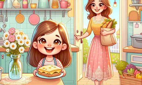 Una bambina di 5 anni, Clara, con lunghi capelli castani e occhi scintillanti di gioia, si trova al centro della cucina con un grande sorriso sul volto. Indossa un bel grembiule a pois colorati e tiene un panino al formaggio tra le mani, pronta a mostrarlo a sua mamma. Sua mamma, Anna, una donna di circa 30 anni con capelli castani e uno sguardo dolce, entra nella stanza con le braccia cariche di spesa. Sembra sorpresa e felice nel vedere la cucina pulita e i fiori sul tavolo. La cucina è calda e accogliente, con pareti dipinte di giallo pastello, mensole piene di stoviglie colorate e una grande finestra che lascia entrare la luce del sole. Clara, piena di eccitazione, ha preparato una sorpresa per la festa della mamma: ha pulito la cucina e decorato il tavolo con fiori, aspettando con impazienza la reazione di sua mamma.