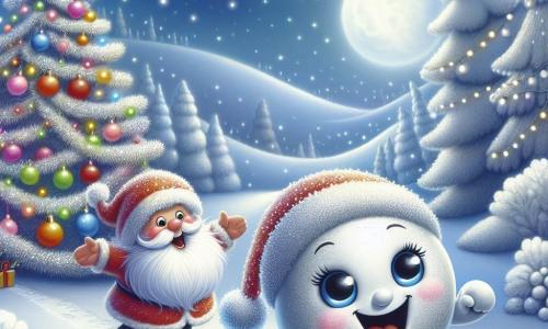 Ein kleiner, runder und glänzender Charakter, der eine fröhliche Schneekugel darstellt, rollt begeistert einen verschneiten Weg entlang, seine Augen strahlen vor Glück und ein großes Lächeln ziert sein Gesicht. In der Nähe steht ein majestätischer Weihnachtsbaum, bedeckt mit funkelnden Lichtern und bunten Kugeln, stolz mit schneebeladenen Ästen, während er freundlich zu lächeln scheint. Etwas weiter steht der berühmte Weihnachtsmann mit seinem großen weißen Bart und seinem roten Anzug, lachend und mit offenen Armen, bereit, die Botschaft der Schneekugel entgegenzunehmen. Die Szene spielt in einem magischen Wald, wo sanfte Schneeflocken vom sternenklaren Himmel fallen und die Landschaft in sanftem silbernem Licht erleuchten, eine märchenhafte und warme Atmosphäre schaffen. Der kleine Schneemann bringt dem Weihnachtsmann eine wertvolle Botschaft, ein Moment voller Aufregung und Magie, während die Nacht von Weihnachten naht.