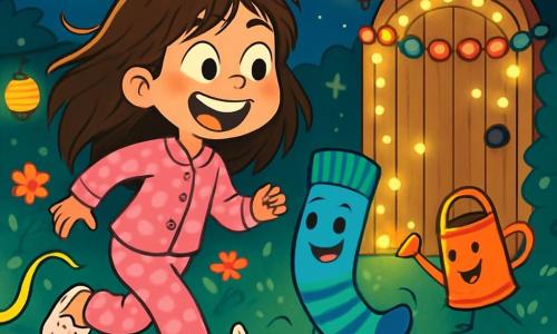 Una niña de 10 años, llamada Martina, con largos cabellos castaños desordenados y una gran sonrisa maravillada, corre en su jardín bajo la luz de la luna. Lleva un pijama rosa con lunares y zapatillas en forma de conejo, y sus ojos brillan de emoción. A su lado, un calcetín azul con rayas verdes y sonrisas, que parece saltar alegremente, está listo para bailar. El jardín está lleno de flores coloridas, farolitos brillantes y objetos animados: una manguera que hace piruetas y una regadera que baila. La escena es mágica, con estrellas brillando en un profundo cielo nocturno. Martina y su calcetín están a punto de atravesar una puerta de madera adornada con pompones de colores, iluminada por luces de hadas. La situación principal muestra a Martina riendo a carcajadas, lista para vivir una increíble aventura con su amigo calcetín, en un mundo donde todo cobra vida.