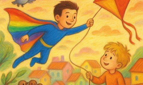 Un giovane supereroe sorridente ma concentrato, Lampo, capelli corti castani, costume blu elettrico a maniche lunghe e grande mantello arcobaleno che si gonfia al vento, vola inclinato sopra i tetti con le braccia tese, tenendo una corda per proteggere un nido; un ragazzo di circa 6 anni con capelli biondi spettinati tiene la corda di un grande aquilone rosso e giallo, sollevato, in piedi su un tetto di tegole arancioni vicino a una grondaia; una famiglia di tre piccoli uccelli marroni dagli occhi tondi si rannicchia in un nido di rami su un ramo basso a sinistra; Gino il gufo, vecchio e saggio, piume grigie e occhi gialli, è posato sul tetto più alto sullo sfondo osservando; ambientazione in una piccola città colorata di case basse con tetti di tegole arancioni e muri pastello, alberi piegati dal forte vento e cielo al tramonto con nuvole rosa e gialle; situazione principale: vento forte che fa svolazzare stoffe e foglie, Lampo protegge gli abitanti tenendo la corda del nido e riportando l’aquilone al ragazzo, atmosfera calda e rassicurante, colori morbidi, tratti arrotondati e texture pastello grasse.