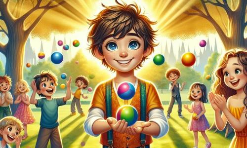 A 10-year-old boy named Oliver stands in the center of the image, with sparkling blue eyes and messy brown hair. He smiles enthusiastically, holding a colorful ball in his hands, ready to juggle. Next to him, a 10-year-old girl named Mia has long, curly hair and wears a bright yellow dress. She claps for Oliver with an encouraging smile, her eyes shining with joy. The background shows a green park with majestic trees and golden leaves, where children gather around, laughing and having fun. Sun rays filter through the branches, creating a warm and welcoming atmosphere. The main scene depicts Oliver and Mia teaching a juggling lesson to a group of captivated children. The image captures the spirit of camaraderie and sharing, with colorful balls in the air, symbolizing joy and hope within their community.