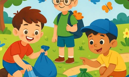 Há 3 personagens: - Pedro: um garoto de 8 anos, com cabelos castanhos bagunçados e um sorriso radiante. Ele usa uma camiseta vermelha e um short azul. Ele está pegando lixo perto do lago. - Lucas: um garoto de 7 anos, com cabelos loiros e óculos redondos. Ele usa uma camiseta verde e um short. Ele segura uma mochila cheia de luvas e sacos de lixo, em pé ao lado de Pedro. - Miguel: um garoto de 9 anos, com cabelos negros e um boné azul. Ele usa uma camiseta amarela e um short laranja. Ele está agachado à beira do lago, mostrando um peixe que nada na água clara. O cenário é um parque ensolarado, com grandes árvores de folhas verdes vibrantes e flores coloridas ao longo do caminho. No centro, um lago cintilante reflete o céu azul, cercado por gramados bem cuidados. Pássaros voam alegremente acima, enquanto borboletas dançam ao redor das flores. A situação principal mostra os três amigos em ação, sorridentes e determinados, limpando o lago. Eles recolhem lixo com entusiasmo, cercados por sacos de lixo coloridos, enquanto admiram a beleza da natureza ao seu redor.
