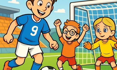 Ein junger Mann, Paul, lächelnd und begeistert, trägt ein blaues Fußballtrikot mit der Nummer 9. Seine braunen Haare sind leicht zerzaust, und seine Augen strahlen vor Aufregung, während er einen Fußball auf einem grünen Feld dribbelt. Neben ihm läuft ein 10-jähriger Junge, Ben, mit runden Brillen und Sommersprossen, fröhlich mit erhobenen Armen, während ein 8-jähriges Mädchen, Mia, mit geflochtenen blonden Haaren im Tor steht, bereit, den Ball zu stoppen. Der Ort ist ein großer sonniger Stadion mit leeren Tribünen im Hintergrund und einem blauen Himmel, der mit weißen Wolken durchzogen ist. Der Rasen ist leuchtend grün, und weiße Linien markieren das Spielfeld. Die Hauptsituation zeigt Paul, der den Kindern beibringt, wie man den Ball dribbelt, während Ben versucht, ihn nachzuahmen und über seine eigenen Ungeschicklichkeiten lacht, während Mia sich entschlossen auf das Tor vorbereitet.