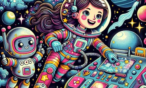 In the center of the image, Captain Lily, a brave woman in her 30s with long, shiny hair floating in zero gravity, wears a colorful spacesuit adorned with sparkling stars, her face reflecting determination and joy. She is piloting her ship, the Star Jumper, with a big smile. Next to her, Robot Max, a small friendly robot with rounded shapes and bright eyes, enthusiastically gestures with his mechanical arms. He is silver and has a screen displaying cheerful emojis. In the background, the vastness of space is filled with colorful planets, bright nebulae, and twinkling stars. The Star Jumper is surrounded by floating asteroids, adding a sense of adventure to the scene. The main situation shows Captain Lily and Robot Max navigating through space, searching for a lost small ship, determined and ready to help, creating an atmosphere of camaraderie and exploration.