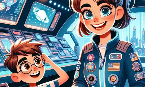 In the foreground, astronaut Captain Elara Vega is depicted with a big smile on her face and sparkling eyes filled with excitement. She wears a navy blue spacesuit adorned with various patches, and her brown hair is tied back in a ponytail. She is checking scientific instruments on a control panel, showing an expression of focus and determination. Beside her, a thirteen-year-old boy named Timmy, with brown hair and round glasses, watches in admiration. He wears a star-patterned t-shirt and shorts, holding a small notebook where he is taking notes. His face is lit up with wonder, and he stands slightly back, ready to assist. The setting is inside a spaceship simulator, with bright screens displaying data and flashing buttons. The walls are painted white and blue, and models of planets float around them, creating a futuristic and captivating atmosphere. The main scene shows Elara and Timmy working together to solve a life simulation problem in space. An alarm sounds, and they focus on the screens, determined to restore oxygen levels, illustrating teamwork and the spirit of space exploration.