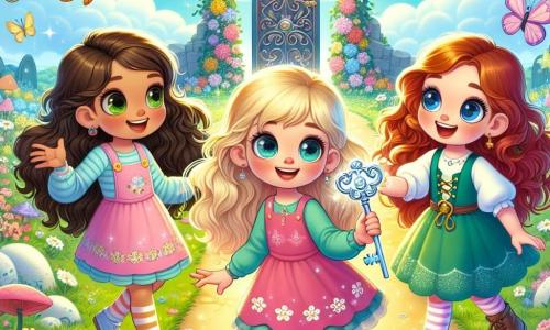 Three little girls, Lily, Mia, and Zoe, stand in the center of an enchanted clearing surrounded by colorful flowers and fluttering butterflies. Eight-year-old Lily has long blonde hair and wears a pink dress with floral patterns, holding a shiny key in her hand and looking around in wonder. Mia, also 8, has curly brown hair and wears a blue tunic; she leans forward with sparkling eyes, asking Zoe a question. Zoe, the youngest at 7, has braided red hair and wears a green dress, smiling joyfully and ready for adventure. In the background, a sparkling path leads to a mysterious door adorned with colorful patterns, hidden behind vines. The sky is bright blue with fluffy clouds, and the sun shines, creating a magical atmosphere. The main scene shows the three friends discovering the shiny key, eager to open the door to a world of questions and adventures, with expressions of joy and excitement on their faces.