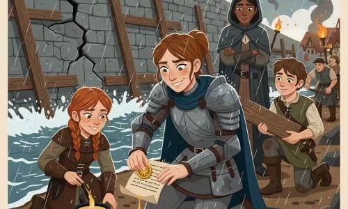 A female knight with a determined, smiling face and bright eyes, dented armor and a soaked cape presses a gold signet ring with a sun motif into hot wax on a parchment at the edge of a cracked stone dam as rain falls; nearby a freckled 12‑year‑old apprentice girl in a braid and leather coat melts wax in a small cauldron, a muddy 14‑year‑old squire holds a wooden board and watches admiringly, and Lady Maris (35–40) in a heavy dripping cloak supervises worriedly from behind; dark churning water, muddy ground, wooden beams reinforcing the wall and flickering torches cast orange reflections; visual style: crisp cut shapes, layered composition, saturated colors muted by rain, visible paper textures and simple expressive outlines.
