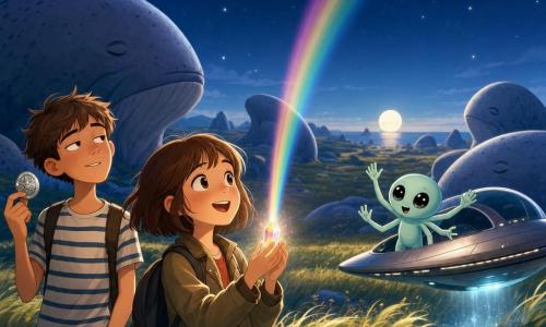 Mina, 12, short chestnut hair, small, face bright with astonishment and sweetness, in a khaki jacket and backpack, holds a small glowing crystal projecting a rainbow; Leo, about 12, half-amused, half-tired, in a striped T-shirt and jeans, stands to Mina's right looking at the sky with a silver badge in hand; Zim, a small round mint-green alien with big black eyes and four thin-armed hands, waves beside a sleek small silver ship that gently lifts above tall grass in 