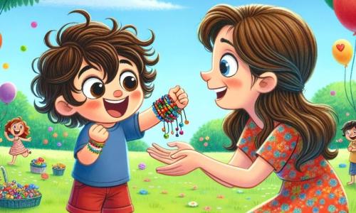 Un ragazzo di 6 anni, Tommaso, con grandi occhi curiosi e capelli castani disordinati, sorride gioiosamente mentre tiene un braccialetto colorato che ha fatto per sua mamma. Indossa una maglietta blu e un pantaloncino rosso, e il suo viso irradia eccitazione e amore. Accanto a lui, sua mamma, una donna di circa 30 anni con capelli lunghi e ondulati, indossa un vestito floreale e guarda Tommaso con tenerezza, i suoi occhi brillano di orgoglio. La scena si svolge in un parco soleggiato, pieno di fiori colorati e palloncini, con famiglie che si divertono intorno a loro. Tommaso, tutto emozionato, presenta orgogliosamente il suo braccialetto a sua mamma, mostrando quanto sia felice di farle questo regalo speciale per la festa della mamma, simboleggiando il loro amore e la loro complicità.
